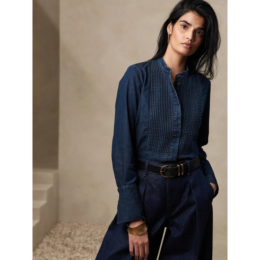 Banana Republic Pleated Bib Tuxedo Denim Shirt Women XS Dark Wash Blue